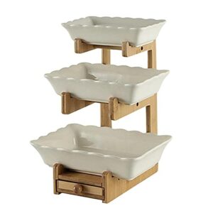 gendlthij 3 tier ceramic fruit bowls for kitchen fruit basket for kitchen counter, ceramic fruit serving tray with bamboo stand, for fruit vegetable snack dessert (three tier white with drawer)