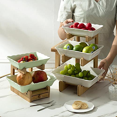 GENDLTHIJ 3 Tier Ceramic Fruit Bowls for Kitchen Fruit Basket for Kitchen Counter, Ceramic Fruit Serving Tray with Bamboo Stand, for Fruit Vegetable Snack Dessert (Three Tier White with Drawer)