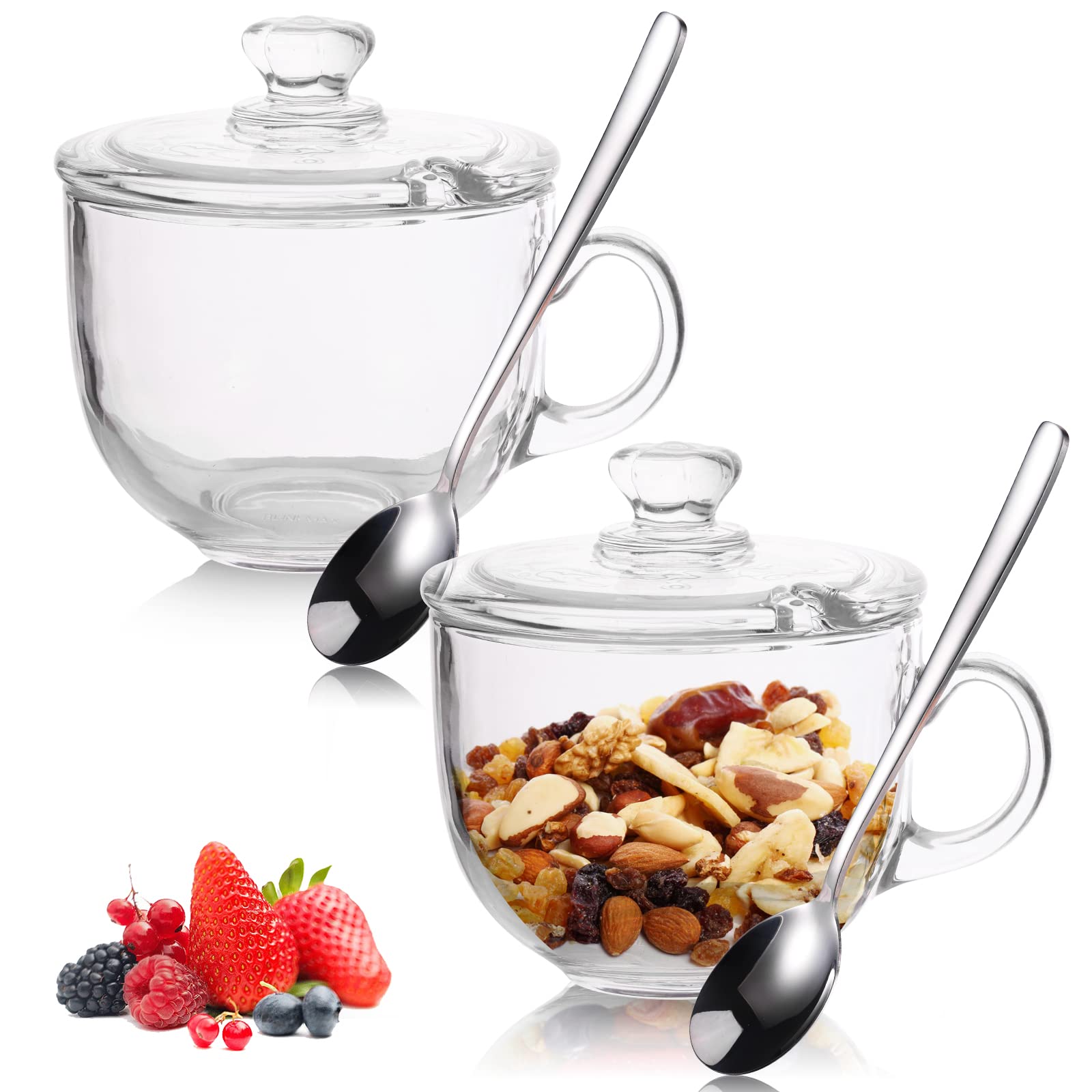 OULOVECO Glass Cereal Bowl Clear Oatmeal Bowl with Handle Spoon Clear Coffee Mug with Lids Microwave Safe Milk Breakfast Yogurt Bowl for Dessert Beverage Tea,400ml/13.5 oz,Set of (Clear)