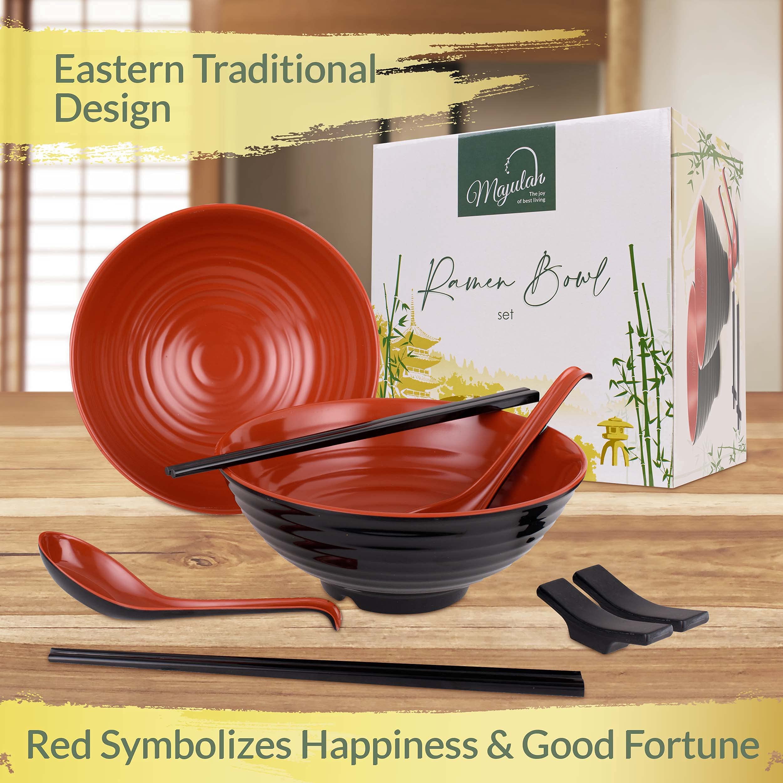 Ramen Bowl Set - 8 Piece Set with 37oz Melamine Bowls, Spoons, Chopsticks & Stand, Durable & Easy to Clean Ramen Bowl, Great for Ramen Noodles & Other Asian Food, Ideal Gift for Japanese Food Lovers