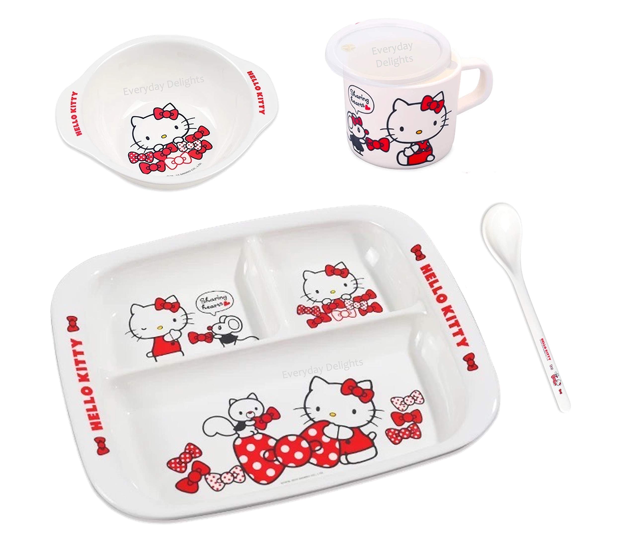 Everyday Delights Hello Kitty Red Dinnerware Flatware Meal Set – Plate Bowl Cup Spoon, 4 pieces