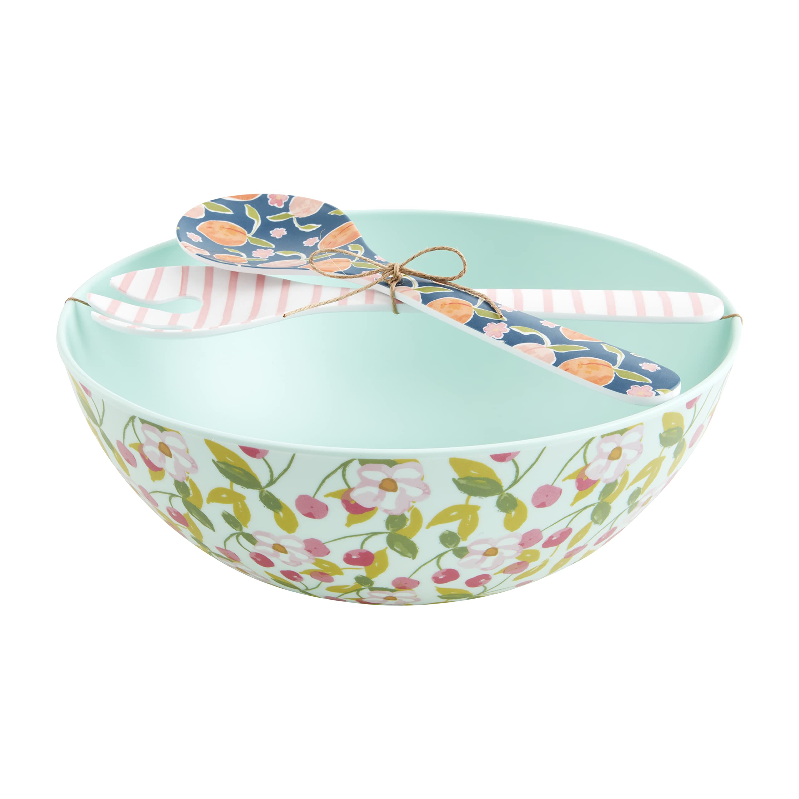 Mud Pie Cherry Melamine Serve Bowl Set, 4" x 11" Dia | Utensils 10 1/2", Blue