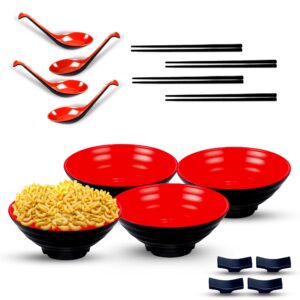 ramen bowl set of 4 32 oz with large melamine bowls spoons complete dinnerware set with chopsticks long-lasting japanese style, attractive handcrafted, soup bowls