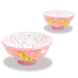 mino ware rice bowl set, kids rice bowls, 4.1 inch, kawaii cute giraffe design, pink, japanese ceramic bowls, 4.4 oz, set of 2