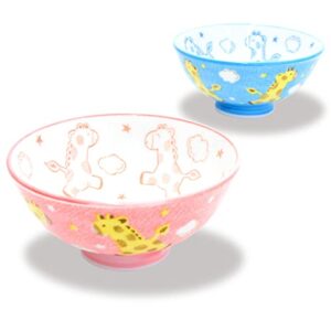 Mino Ware Rice Bowl Set, Kids Rice Bowls, 4.1 inch, Kawaii Cute Giraffe Design, Pink, Japanese Ceramic Bowls, 4.4 oz, Set of 2