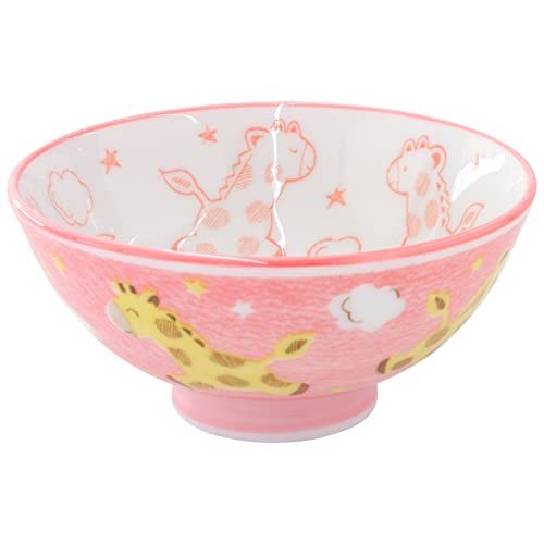 Mino Ware Rice Bowl Set, Kids Rice Bowls, 4.1 inch, Kawaii Cute Giraffe Design, Pink, Japanese Ceramic Bowls, 4.4 oz, Set of 2