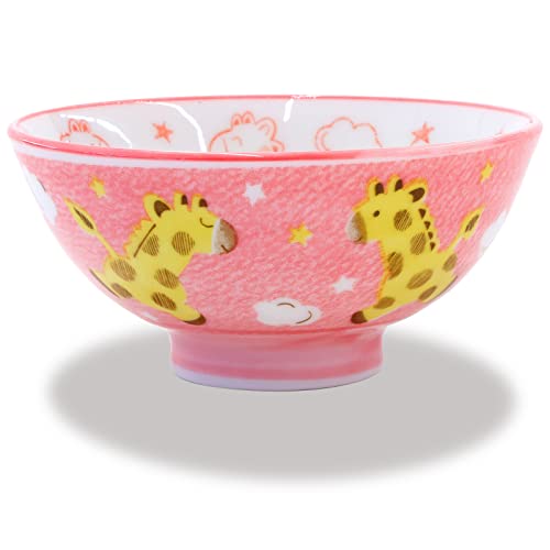 Mino Ware Rice Bowl Set, Kids Rice Bowls, 4.1 inch, Kawaii Cute Giraffe Design, Pink, Japanese Ceramic Bowls, 4.4 oz, Set of 2