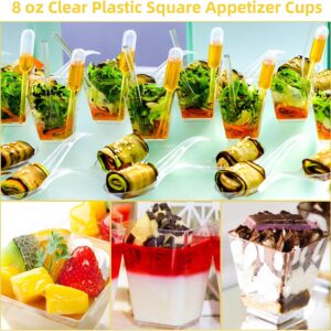 Pvieked 120 Pack 7 Oz Square Plastic Cups with Spoons, Appetizer Cups Clear Plastic Dessert Cups Small Tumbler Cups Disposable for Ice Cream, Fruit Puddings, Desserts, Wedding Party Catering Supplies