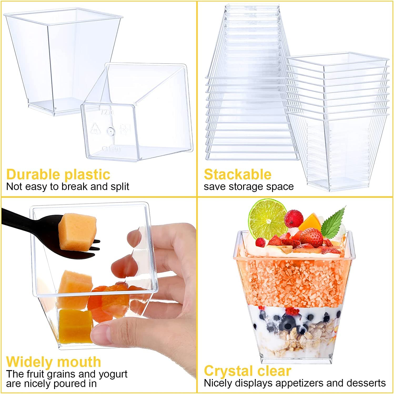 Pvieked 120 Pack 7 Oz Square Plastic Cups with Spoons, Appetizer Cups Clear Plastic Dessert Cups Small Tumbler Cups Disposable for Ice Cream, Fruit Puddings, Desserts, Wedding Party Catering Supplies