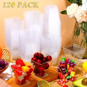 Pvieked 120 Pack 7 Oz Square Plastic Cups with Spoons, Appetizer Cups Clear Plastic Dessert Cups Small Tumbler Cups Disposable for Ice Cream, Fruit Puddings, Desserts, Wedding Party Catering Supplies