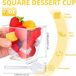 Pvieked 120 Pack 7 Oz Square Plastic Cups with Spoons, Appetizer Cups Clear Plastic Dessert Cups Small Tumbler Cups Disposable for Ice Cream, Fruit Puddings, Desserts, Wedding Party Catering Supplies