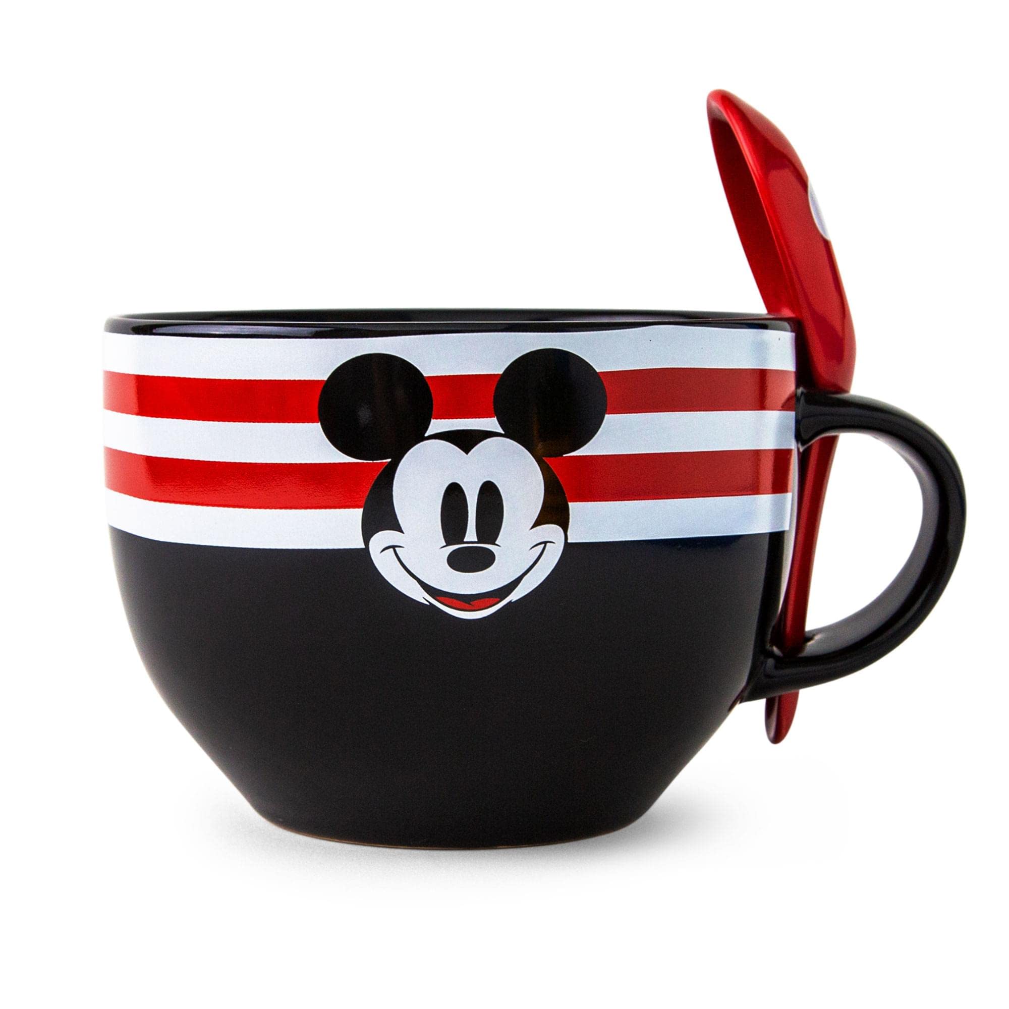 Disney Mickey Mouse Red-Striped Ceramic Soup Mug With Spoon | Holds 24 Ounces