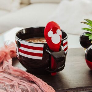 Disney Mickey Mouse Red-Striped Ceramic Soup Mug With Spoon | Holds 24 Ounces