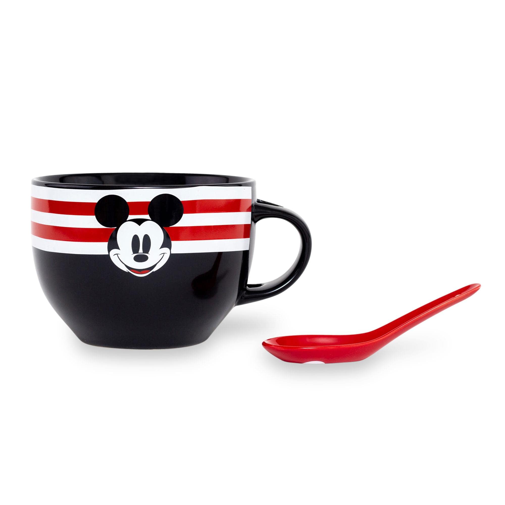 Disney Mickey Mouse Red-Striped Ceramic Soup Mug With Spoon | Holds 24 Ounces