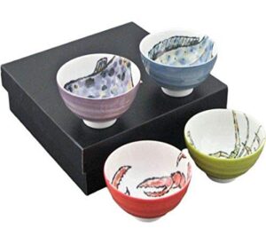 authentic japanese porcelain multi purpose bowl set of 4 japanese seafood crab lobster pufferfish flounder assorted colors design set made in japan (4.25" x 2.5" small rice bowl)