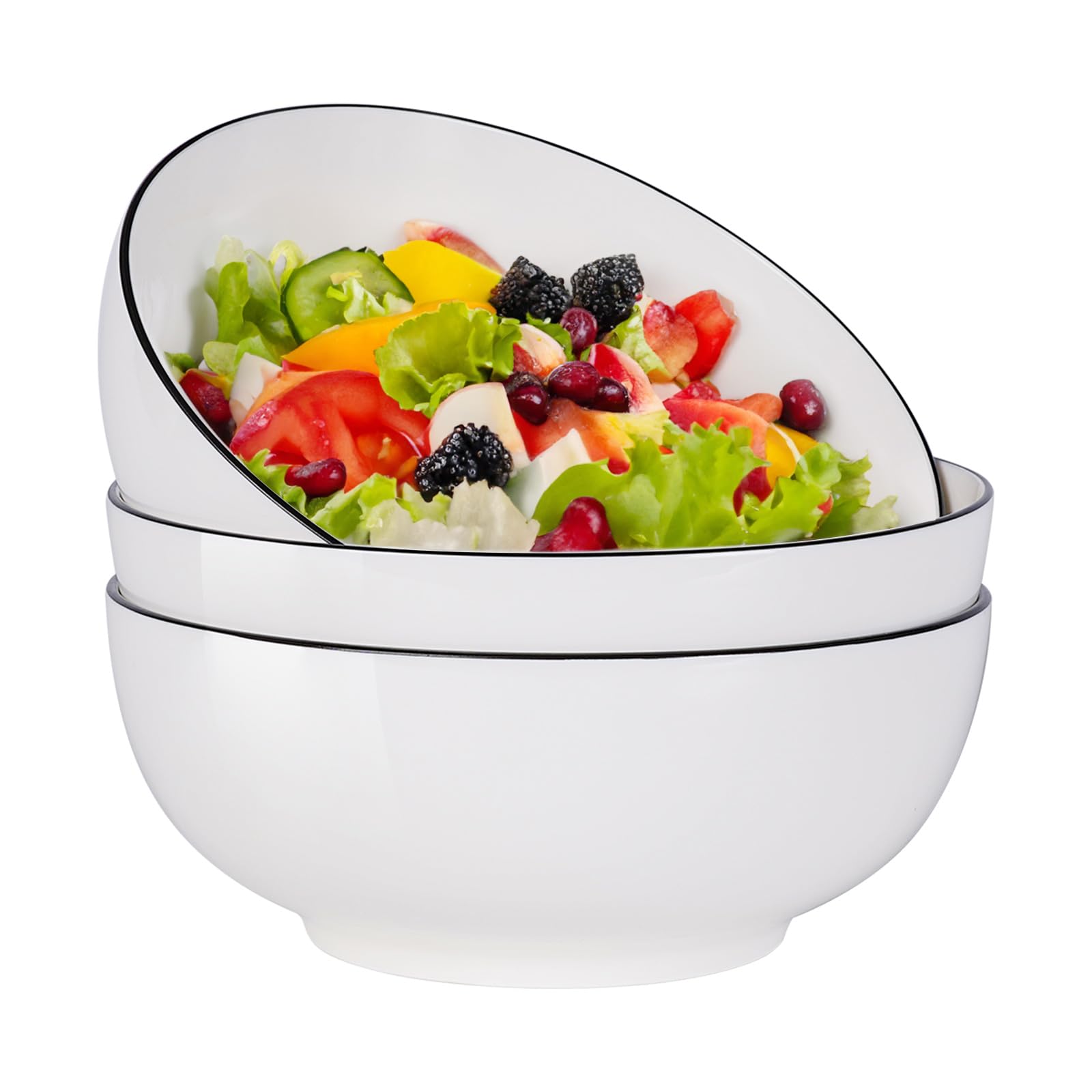 YOLIFE Salad Bowls 55 oz, Set of 3 Pho Bowl, Large Serving Bowls, 8 inch Porcelain Bowls for Fruit, Soup, Pasta Bowl, White with Black Trim
