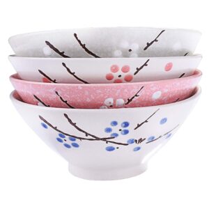 whitenesser japanese ramen bowls set of 4 color - large 7 inch - japanese plum ceramic bowls for dessert snack cereal soup reman noodle and rice