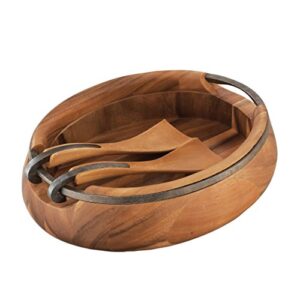 nambe anvil salad bowl with servers | large wooden serving bowl for fruit, salads | made of acacia wood and iron finished nambe alloy | designed by neil cohen
