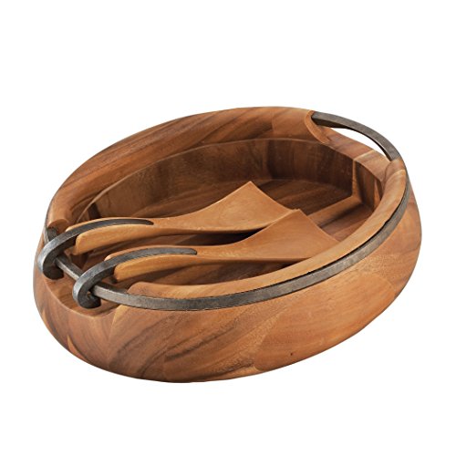 nambe Anvil Salad Bowl with Servers | Large Wooden Serving Bowl for Fruit, Salads | Made of Acacia wood and Iron Finished Nambe Alloy | Designed by Neil Cohen