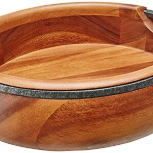 nambe Anvil Salad Bowl with Servers | Large Wooden Serving Bowl for Fruit, Salads | Made of Acacia wood and Iron Finished Nambe Alloy | Designed by Neil Cohen