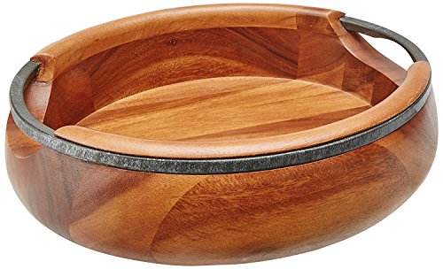 nambe Anvil Salad Bowl with Servers | Large Wooden Serving Bowl for Fruit, Salads | Made of Acacia wood and Iron Finished Nambe Alloy | Designed by Neil Cohen