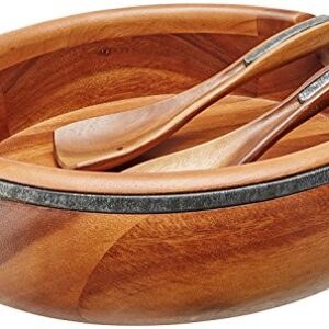 nambe Anvil Salad Bowl with Servers | Large Wooden Serving Bowl for Fruit, Salads | Made of Acacia wood and Iron Finished Nambe Alloy | Designed by Neil Cohen