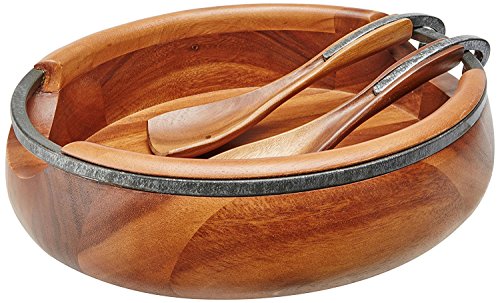 nambe Anvil Salad Bowl with Servers | Large Wooden Serving Bowl for Fruit, Salads | Made of Acacia wood and Iron Finished Nambe Alloy | Designed by Neil Cohen