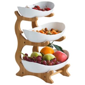 ceramic oval tiered serving bowls tray set，white 3 tier ceramic fruit bowl with bamboo wood stand for sushi, dessert, fruit, vegetables, appetizer, cake, candy, chip dip (white, 3-tier)