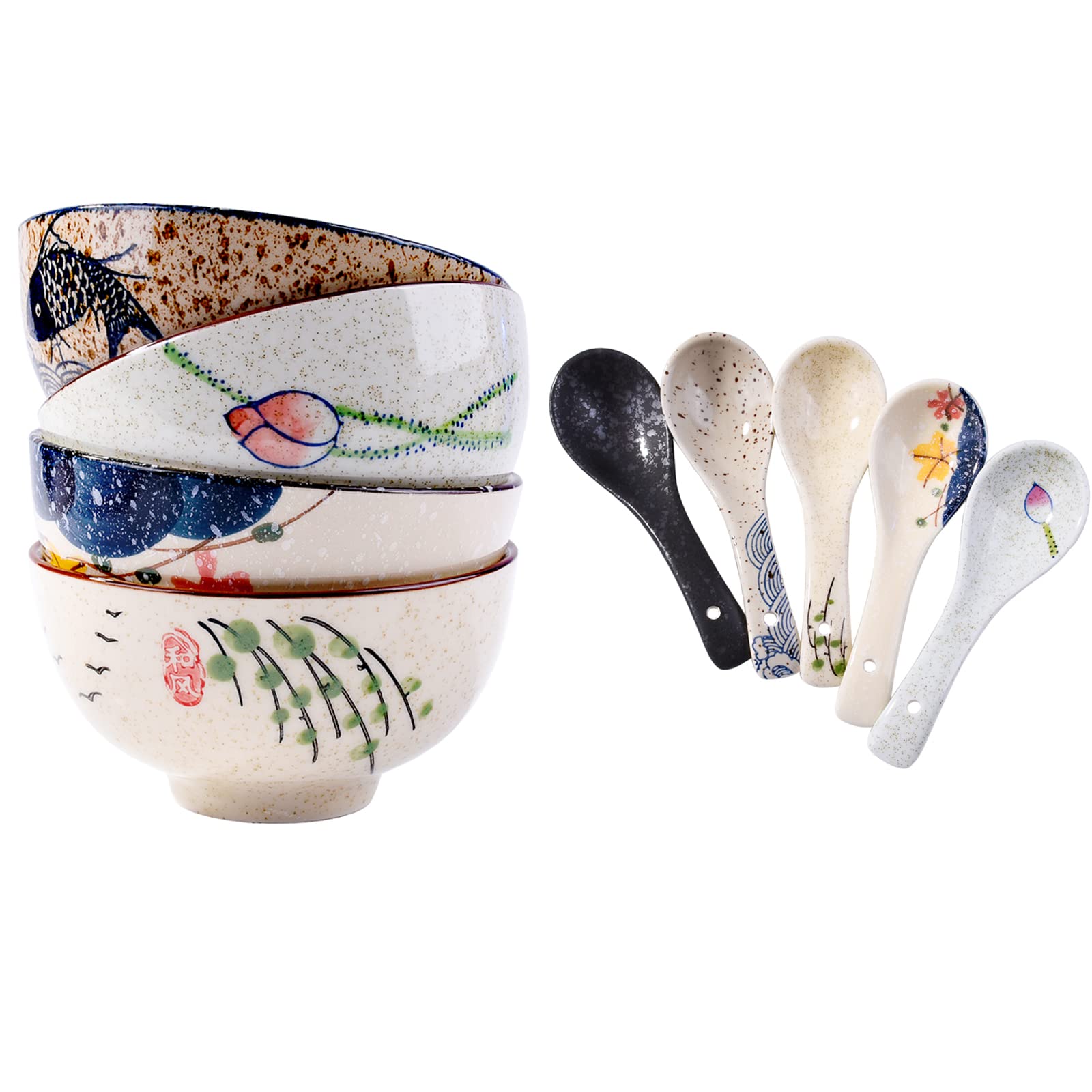 Whitenesser 4 Japanese Rice Bowls, 5 Japanese Soup Spoons