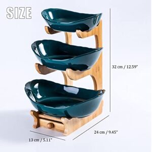 Tmore 3 Tier Fruit Bowl for Kitchen Counter, Ceramic Fruit Basket Set with Drawer for Vegetable Storage, Porcelain Snack Bread Cake Tray Plate Rack for Party Wedding (3 Tier Dark Green)