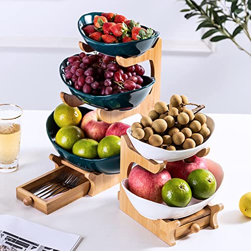 Tmore 3 Tier Fruit Bowl for Kitchen Counter, Ceramic Fruit Basket Set with Drawer for Vegetable Storage, Porcelain Snack Bread Cake Tray Plate Rack for Party Wedding (3 Tier Dark Green)