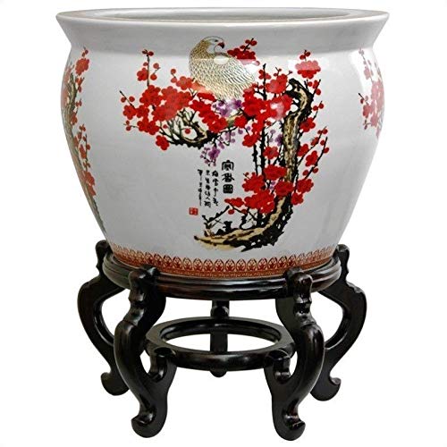 Oriental Furniture 14" Cherry Blossom Porcelain Fishbowl