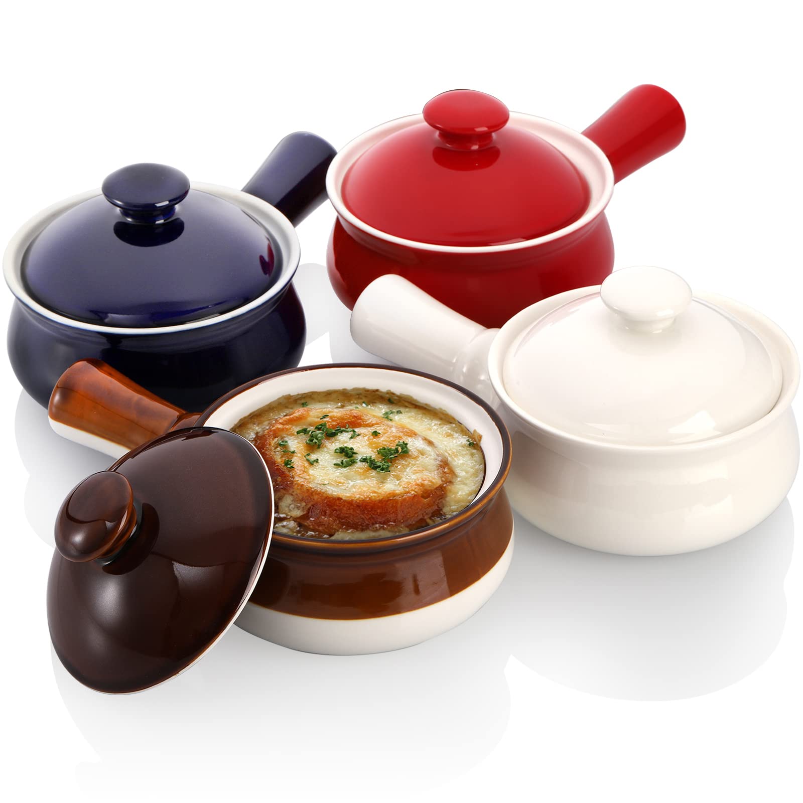 ZOOFOX Set of 4 French Onion Soup Bowls, 16 Ounce Soup Crock with Handle and Lid, Ceramic Soup Crock Oven Safe for Soup, Beef Stew, Chilli