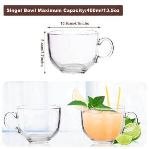 3 Pcs Glass Cereal Bowl Clear Soup Pasta Noodles Salad Bowl with Handle Breakfast Milk Cups Nut Oatmeal Tempered Glass Microwave Safe Liquid Bowl for Snack Ice Cream Coffee,470ML