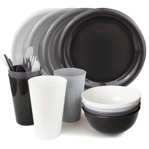 24Piece Plastic Plates and Bowls Sets Dinnerware Set Dishes Set for 4,College Dorm Room Essentials,Camping Plates and Bowls with Tumbler,Knives,Forks and Spoons,Mess Kit,Microwave Safe,BPA Free