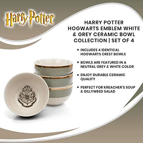 Harry Potter Hogwarts Emblem White & Grey Ceramic Bowl Collection | Featuring The Hogwarts School Crest | Set of 4 Identical Bowls