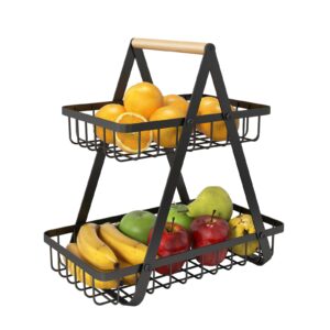 hangxin 2-tier fruit basket for kitchen countertop, metal fruit bowl bread basket vegetable storage holder display, with wooden handle