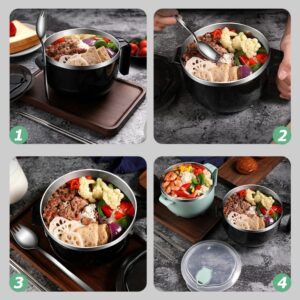 LIFKOME Ramen Bowl Set Japanese Ramen Noodle Bowls with Lid Spoon 304 Stainless Steel Noodle Bowl with Spoon Chopstick Large Capacity Insulation Bowls Anti- scalding Kids Adult Cup