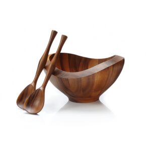 nambe bella salad bowl with servers | 3 piece wooden salad bowl set with serving utensils | acacia wood salad tosser and fruit bowl | housewarming gift with gift box