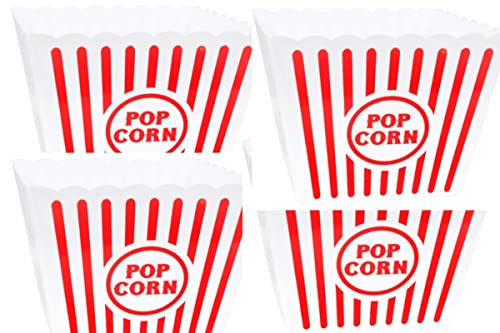 TDST Set of 4 Large Plastic Popcorn Tubs, 8.75x8.75 in. Retro Classic Red and White Striped Bowl Reusable Movie Theater Bucket with Bonus TDST Upendo