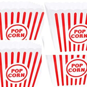 TDST Set of 4 Large Plastic Popcorn Tubs, 8.75x8.75 in. Retro Classic Red and White Striped Bowl Reusable Movie Theater Bucket with Bonus TDST Upendo