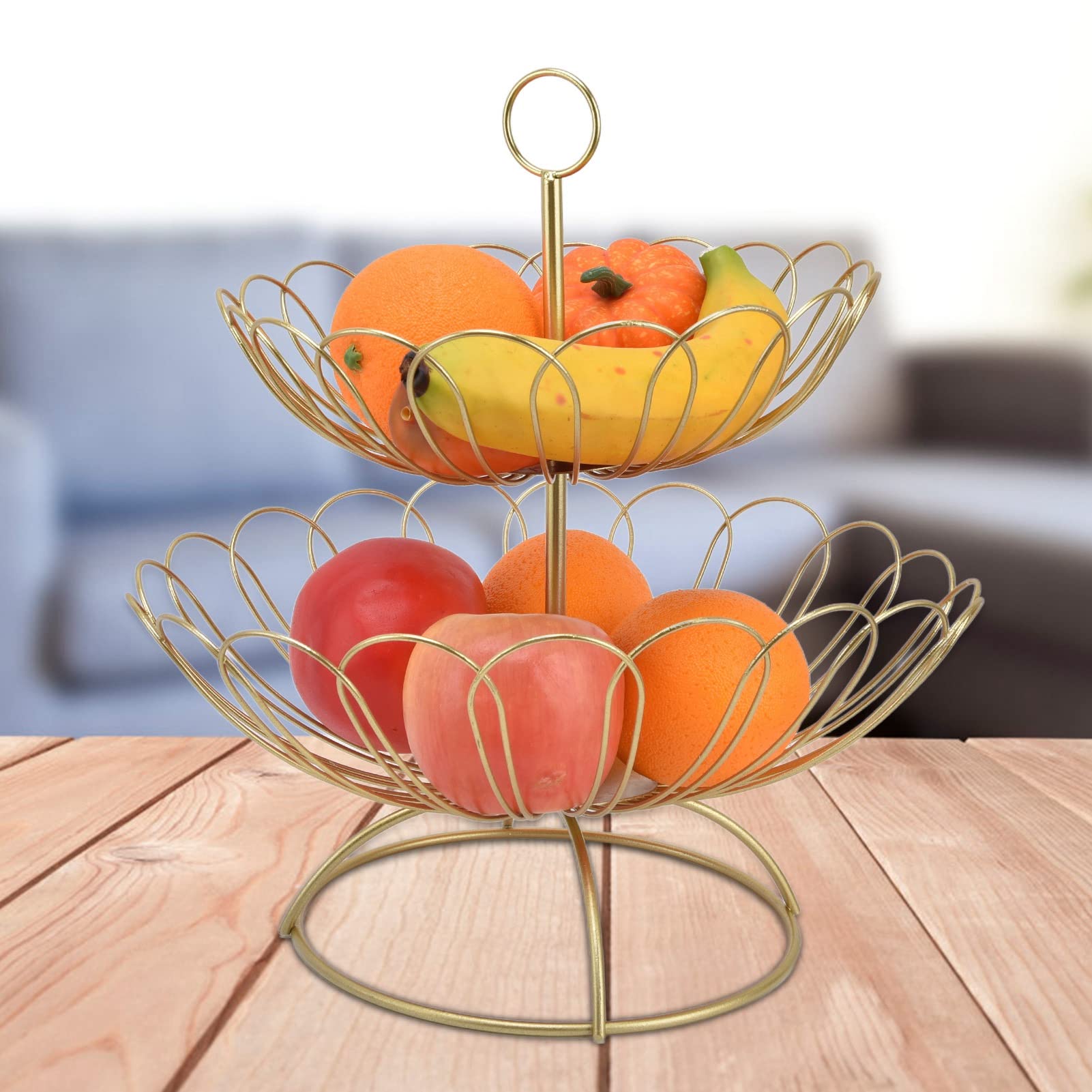 Atyhao Gold fruit basket, detachable 2-layer geometric large capacity anti-scratch gold fruit holder for home decoration