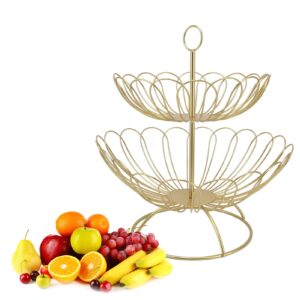 Atyhao Gold fruit basket, detachable 2-layer geometric large capacity anti-scratch gold fruit holder for home decoration