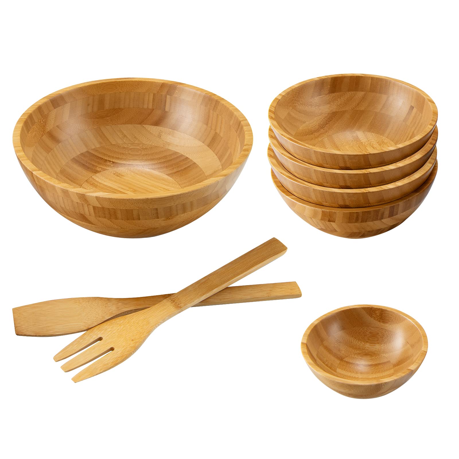 Giantex 8 PCS Bamboo Salad Bowl Set, 2 Serving Utensils, Large 11 Inch, 3 Sizes Mixing Bowls for Vegetable Fruit Soup Cereals Dipping Sauce Nuts, Stackable Dish Dinnerware Natural