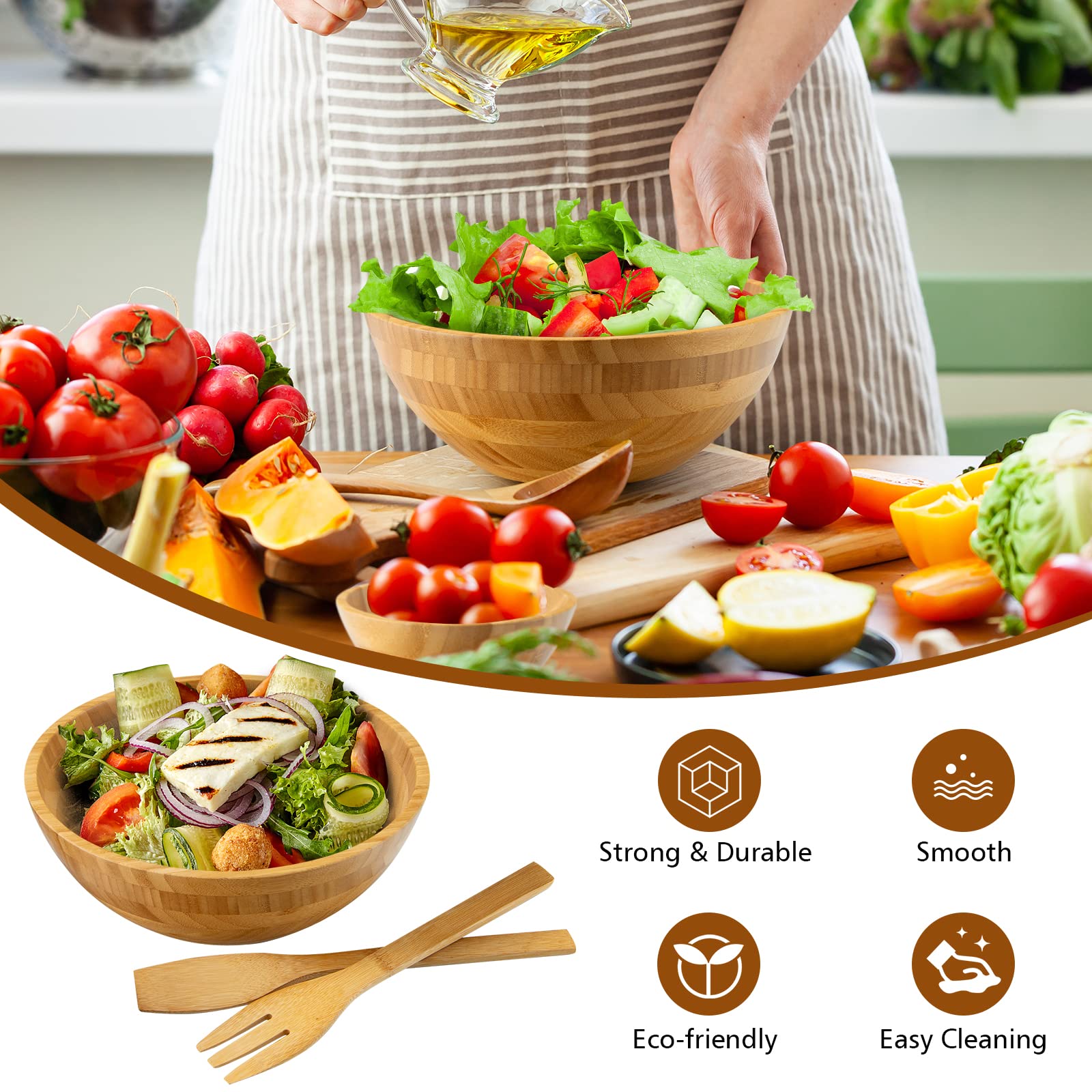 Giantex 8 PCS Bamboo Salad Bowl Set, 2 Serving Utensils, Large 11 Inch, 3 Sizes Mixing Bowls for Vegetable Fruit Soup Cereals Dipping Sauce Nuts, Stackable Dish Dinnerware Natural