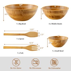 Giantex 8 PCS Bamboo Salad Bowl Set, 2 Serving Utensils, Large 11 Inch, 3 Sizes Mixing Bowls for Vegetable Fruit Soup Cereals Dipping Sauce Nuts, Stackable Dish Dinnerware Natural