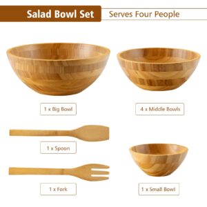 Giantex 8 PCS Bamboo Salad Bowl Set, 2 Serving Utensils, Large 11 Inch, 3 Sizes Mixing Bowls for Vegetable Fruit Soup Cereals Dipping Sauce Nuts, Stackable Dish Dinnerware Natural