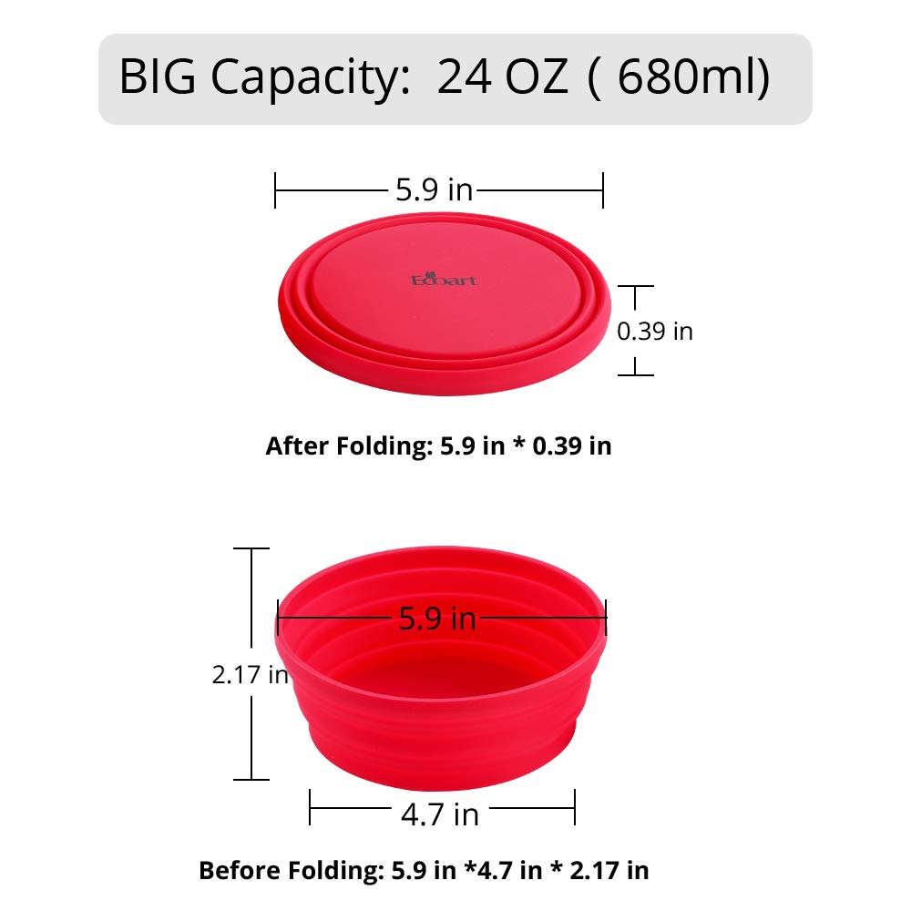 Ecoart Silicone Expandable Collapsible Bowl for Travel Camping Hiking (Red(L))