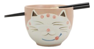 ebros whimsical ceramic peachy pink lucky meow cat pasta ramen udong pho noodles soup bowl and chopsticks set dining gourmet meal feline cats collection rice bowls decor kitchen