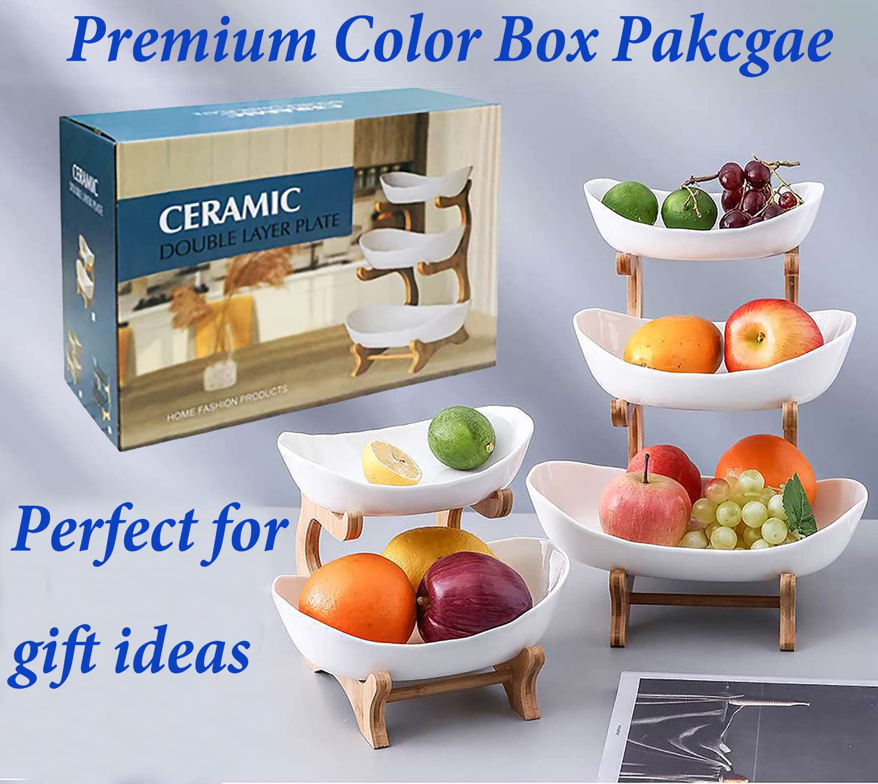 fghuim 3 Tier Ceramic Fruit Bowls with Bamboo Stand,Decorative Ceramic Friut Bowl with Bamboo Holder for Kitchen Counter White(Include 1 Y Stainless Steel Peeler,3 Oranger Finger Peelers)